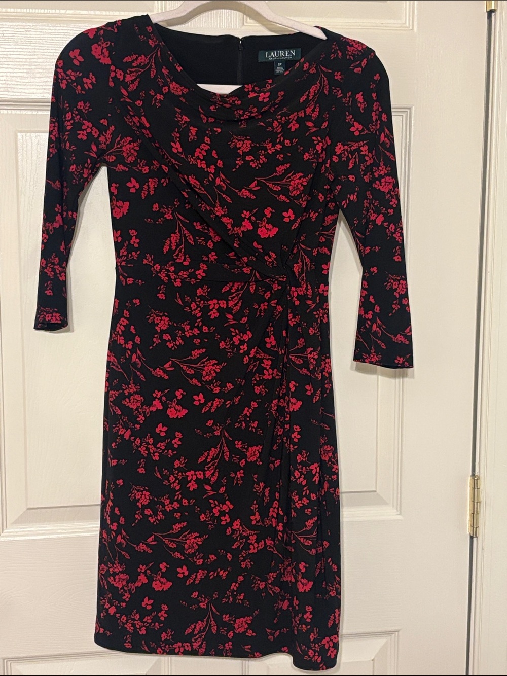 Lauren Ralph Lauren Black Stretch Midi Dress with Red Floral Print 2P